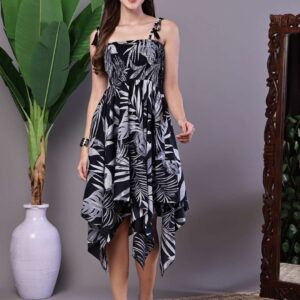 Women's Black & White Leaf Print Cotton Handkerchief Hem Dress Midi Dresses