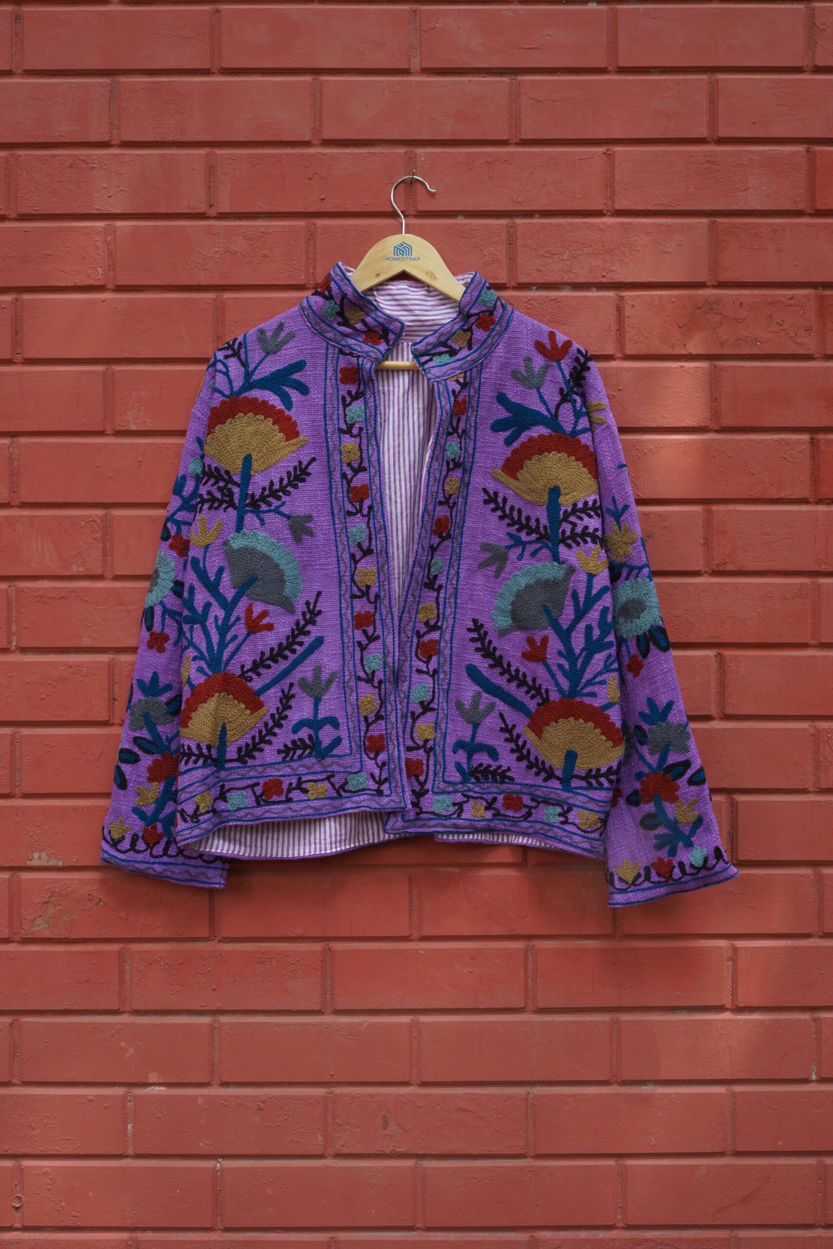 Womens Dark Purple Velvet Embroidered Jacket with Floral Design