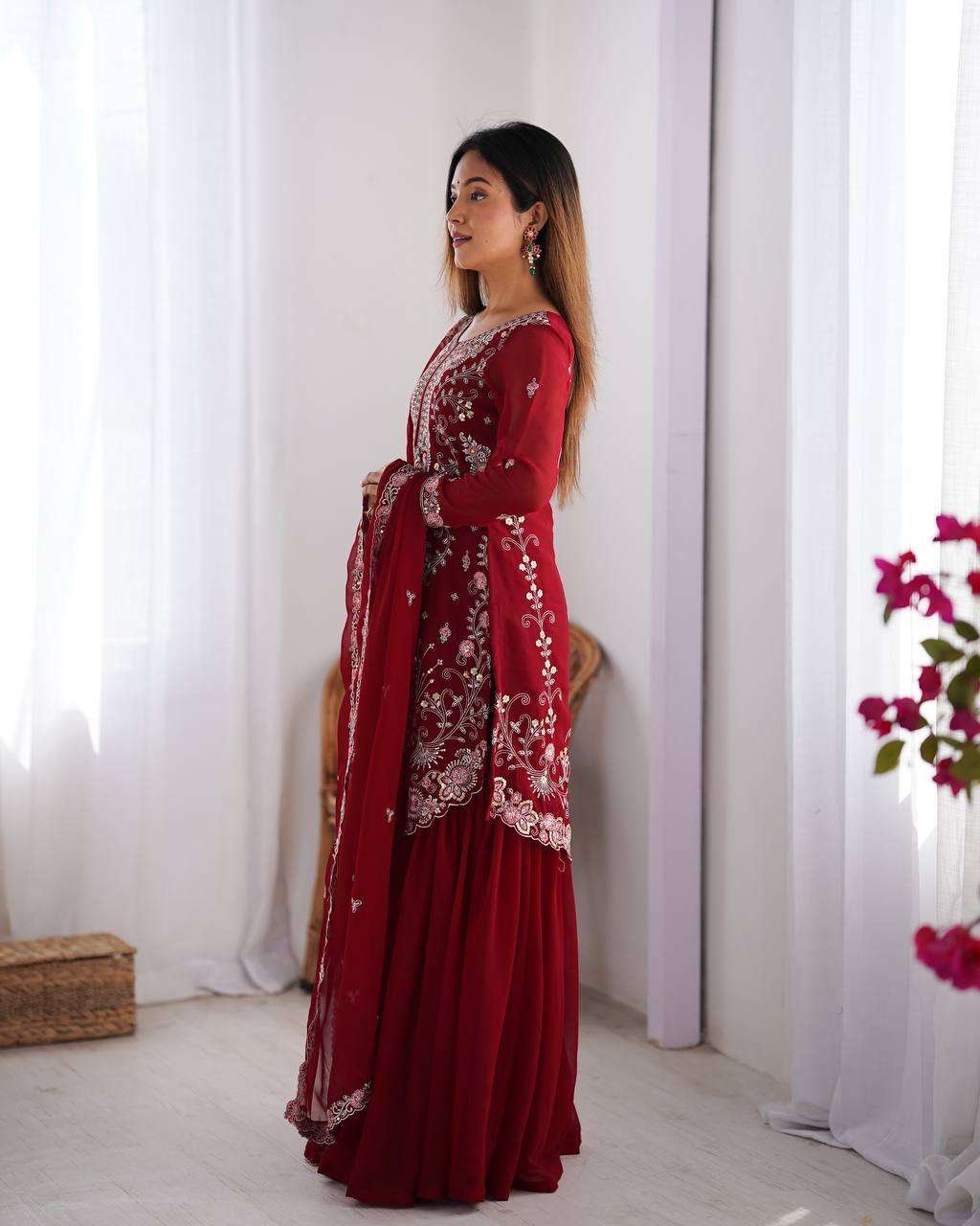 Women's Faux Georgette Sequins & Thread Work Straight Kurta With Sharara Suit and Dupatta Set - Image 7
