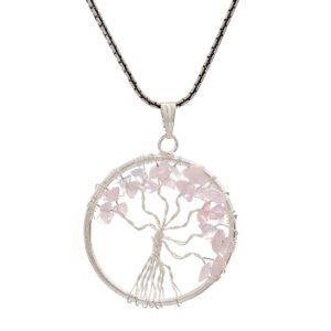 Rose Quartz Pendant Tree of Life Crystal Stone Pendant Locket with Metal Chain for  Healing Crystal Healing Gemstone Size 35-40 mm rose quarts