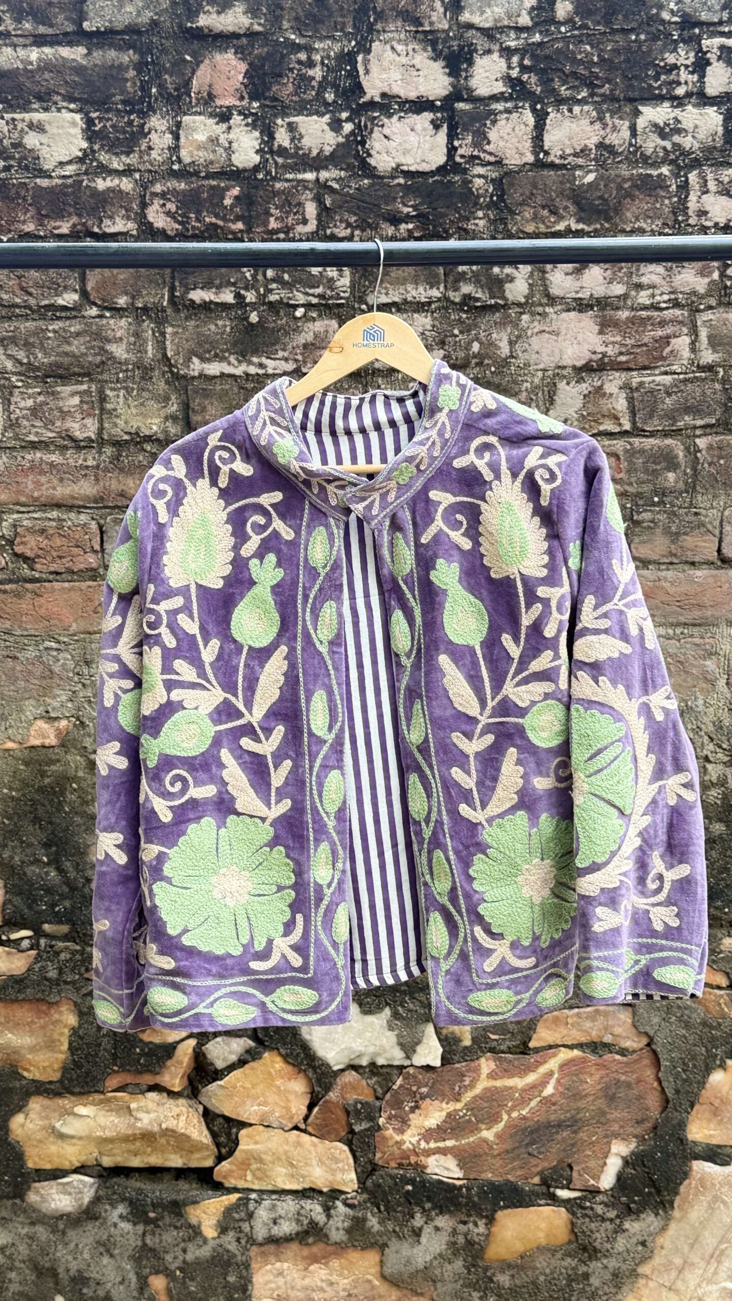 Womens Purple Velvet Embroidered Jacket with Floral Design - Image 3