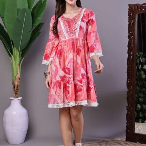 Wome's Pink Floral Printed Cotton A-Line Dress with Embroidered Yoke Midi Dresses