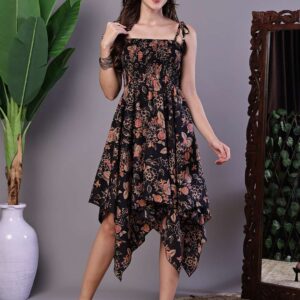 Women's Black Floral Printed Cotton Handkerchief Hem Dress Midi Dresses