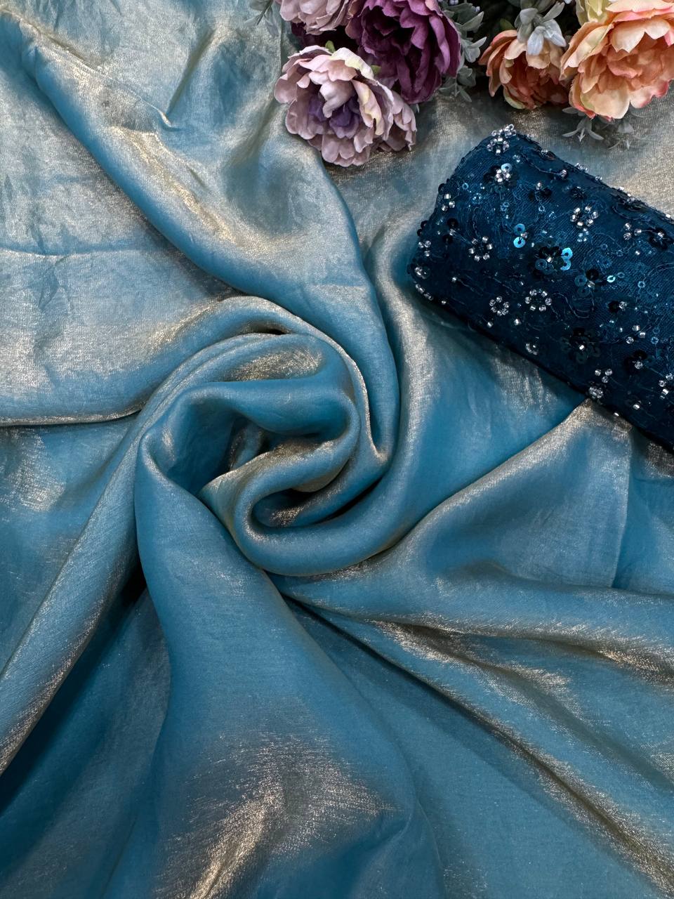 Women's Lustrous Teal Tissue Silk Saree with All-Over Sequin Embellished Blouse Piece